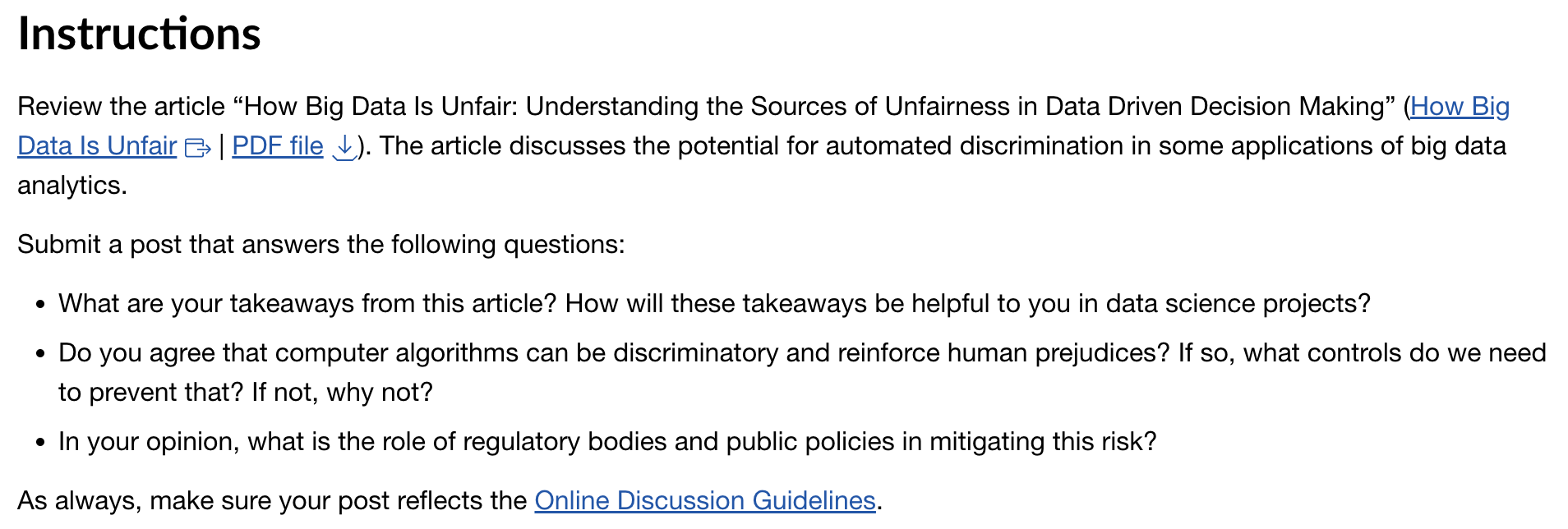 A screenshot from the DS701 course that shows instructions for submitting a discussion post. 